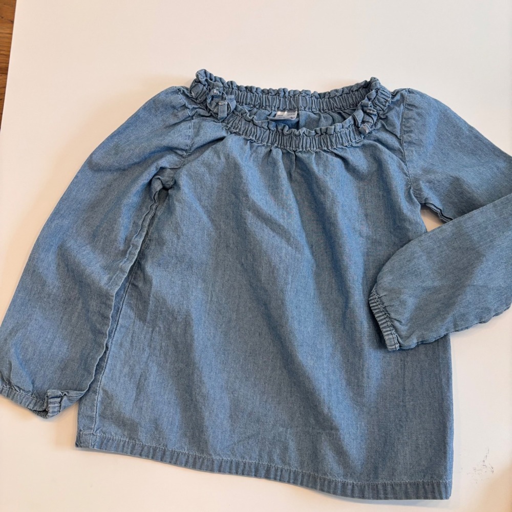 Carters Toddler Girls 3T Blue Chambray Denim Ruffle Neck Blouse‎ Long Sleeve Top